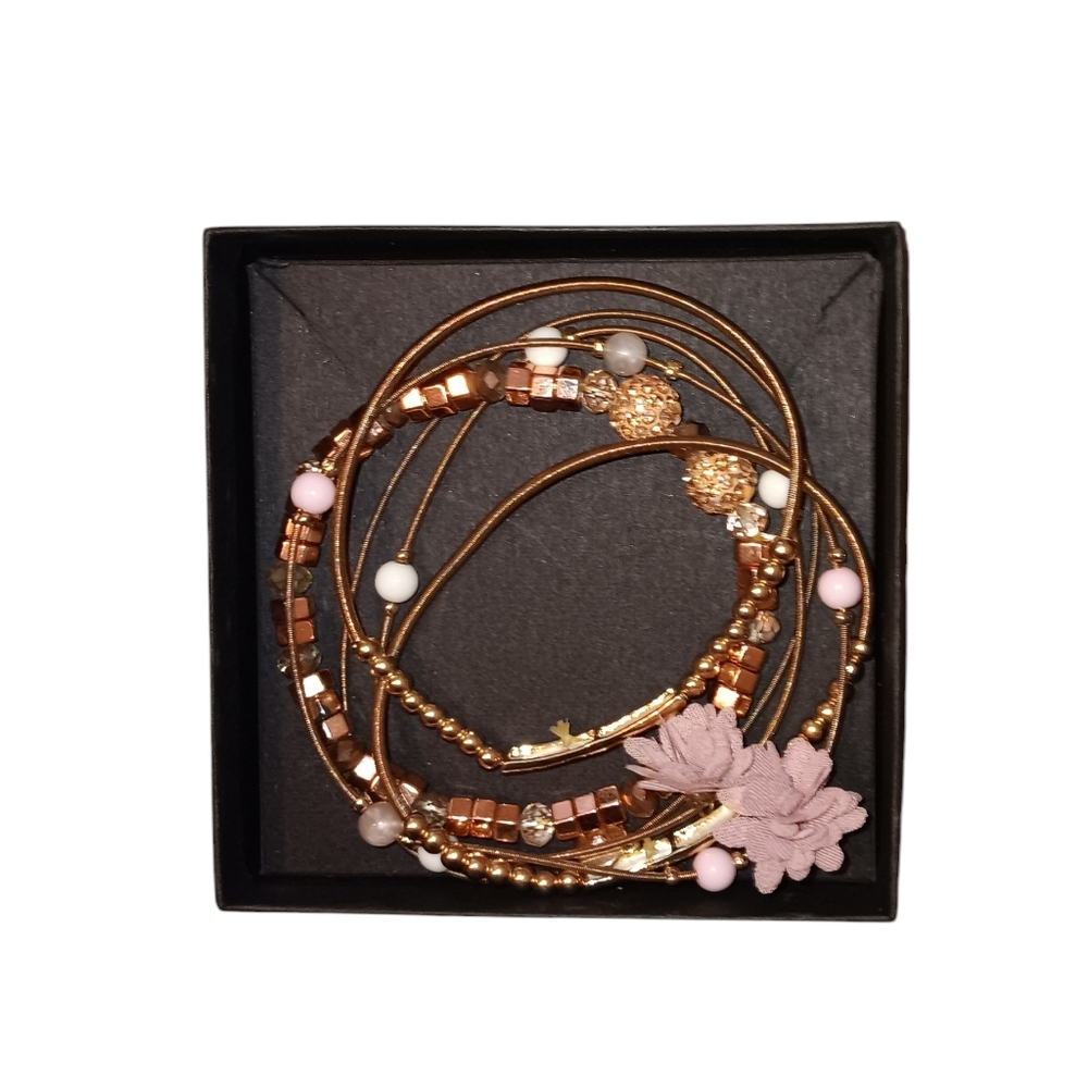 6 Piece Pink & Gold Stretchy Beaded Bracelet Set, NWOT